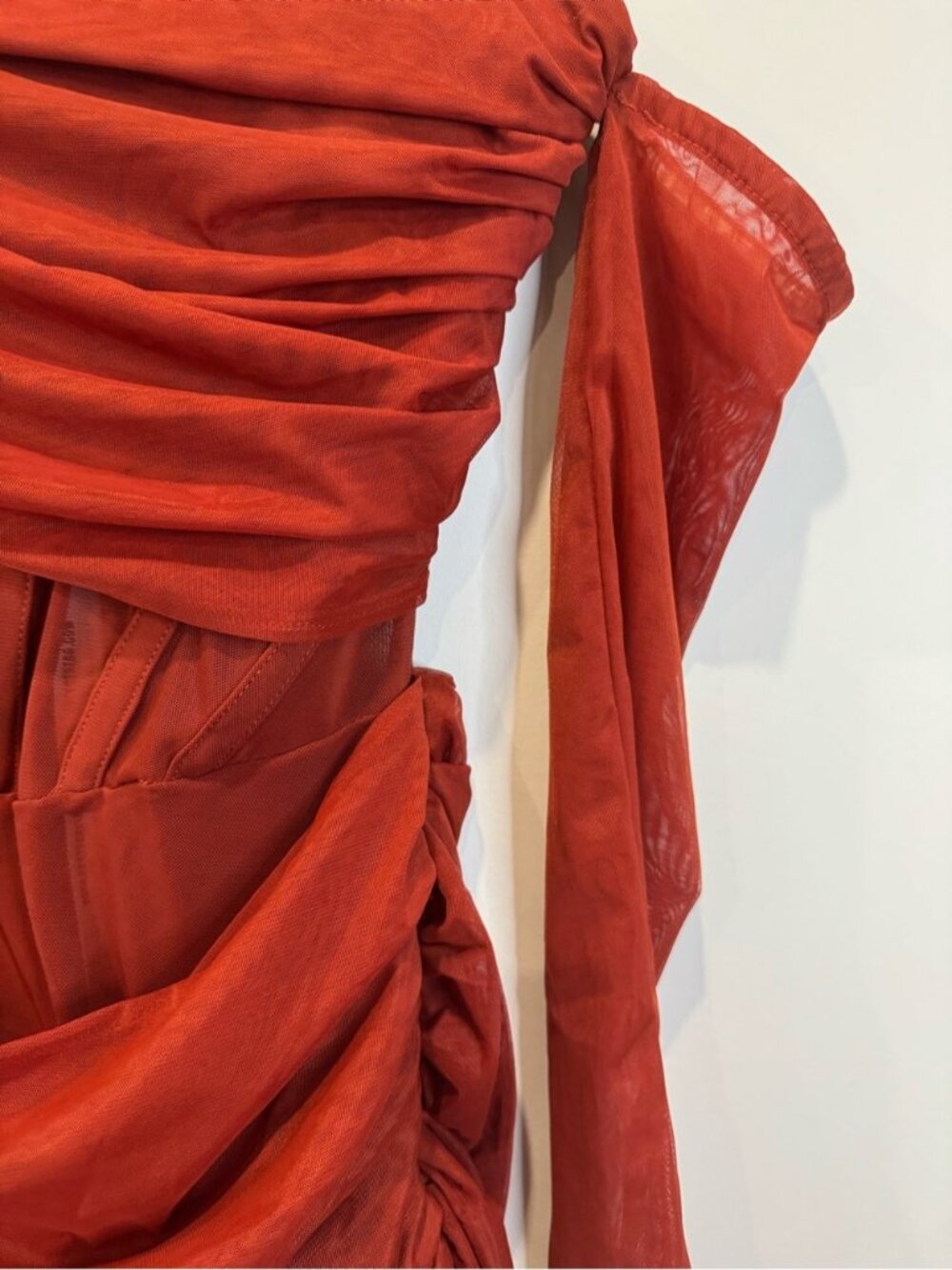 Mistress Rocks Rust Red Ruched Off Shoulder Mini Dress Size Small 0746 - Picture 4 of 13